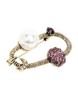 Women Gold-Toned & Pink Stone-Studded & White Beaded Brooch