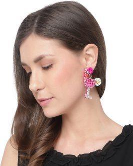 Pink & White Embellished Beaded Contemporary Drop Earrings