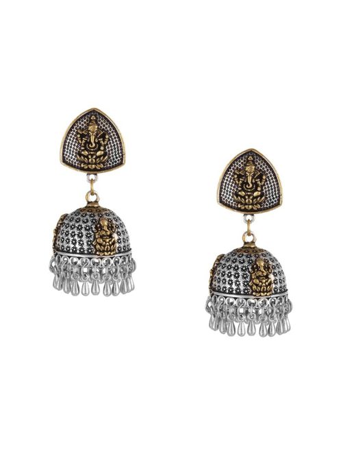 Gold-Toned & Silver-Toned Dome Shaped Drop Handcrafted Jhumka Earrings