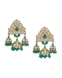 Silver-Toned & Green Handcrafted Dome Shaped Jhumkas