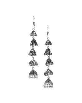 Silver-Toned Oxidised Contemporary Jhumkas Earrings