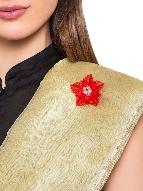 Women Red & Beige Stone-Studded Floral-Shaped Brooch