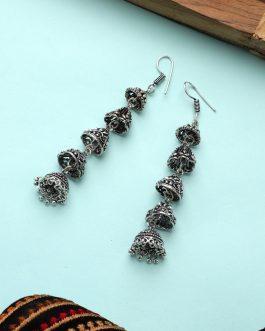 Silver-Toned Oxidised Contemporary Jhumkas Earrings