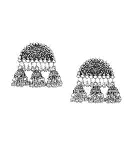 Women Silver-Toned Jhumkas Earrings