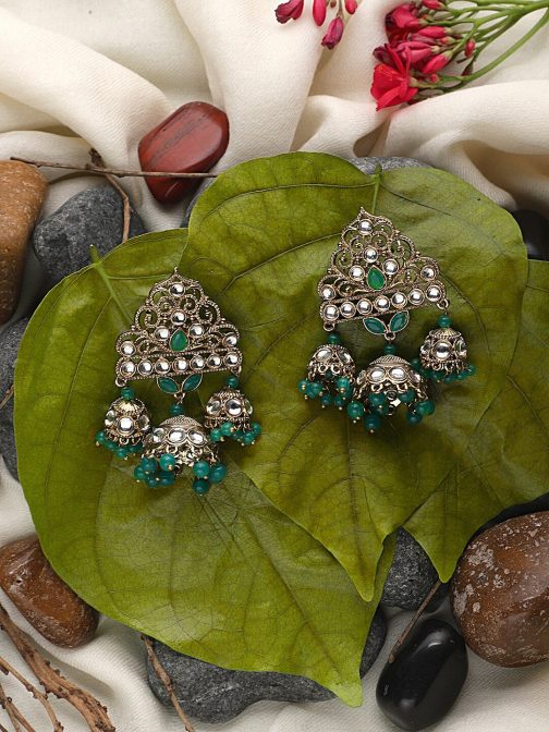 Silver-Toned & Green Handcrafted Dome Shaped Jhumka