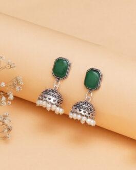 Mali Fionna Silver-Plated Dome Shaped Jhumki Earrings (Green)