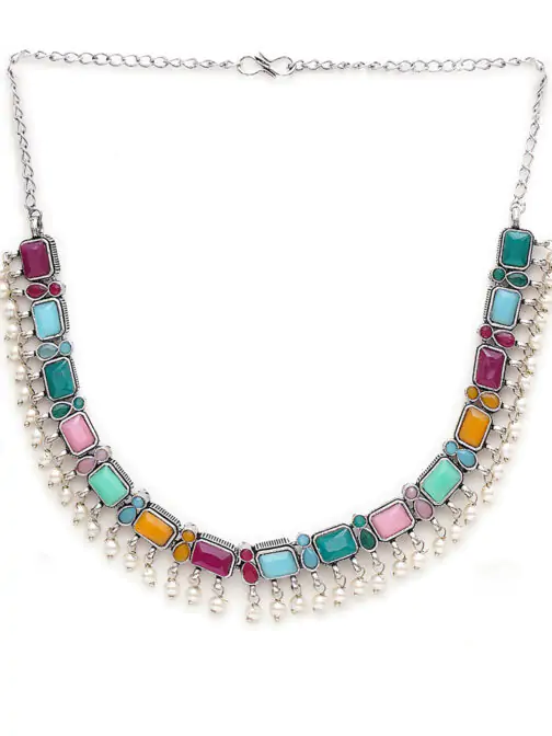 Mali Fionna Silver Plated Stone Studded & Beaded Jewellery Set - Image 4
