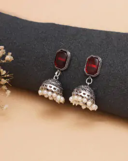 Silver-Plated Contemporary Jhumkas (Red)